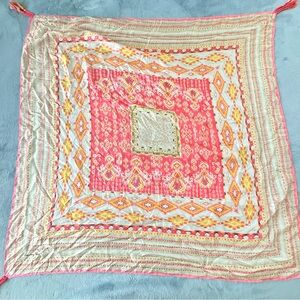 Johnny Was 100% Silk Pink/Yellow Aztec Print Tassels Scarf 44” x 44”